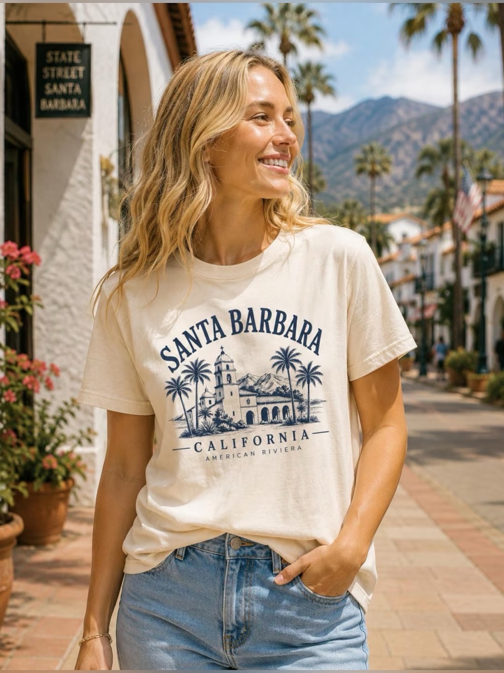Santa Barbara California Comfort Colors Cream Graphic Tee, American Riviera Tee